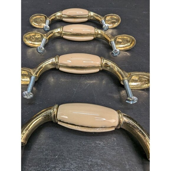 Cabinet or Drawer Pulls Cream Color Ceramic and Gold 3 Inch Center Lot of 4 - Picture 4 of 6